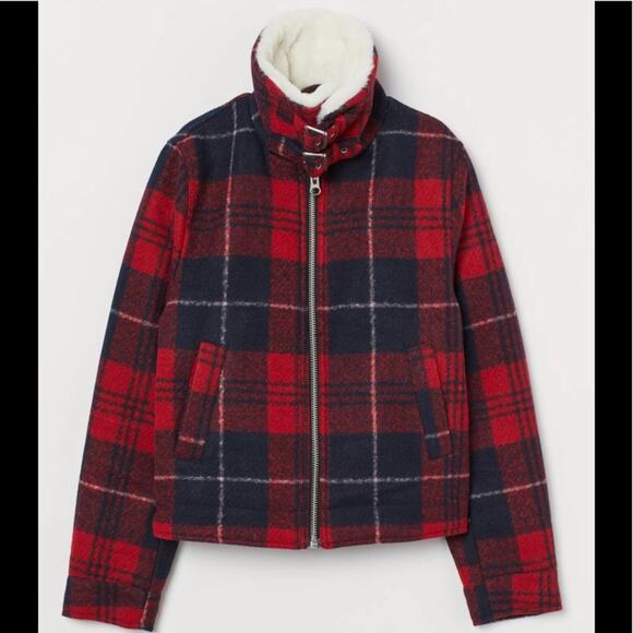 H&M felted plaid coat jacket with faux fur collar L - Picture 1 of 6